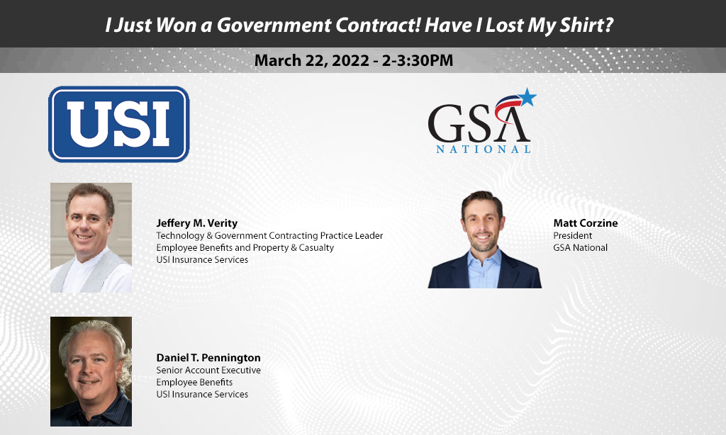 Government contract event graphic. USI and GSA logos with headshots of Jeffery Verity, Daniel Pennington, and Matt Corzine